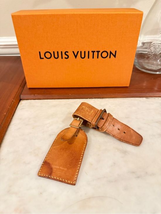 Louis Vuitton Accessories - Louis Vuitton Tan Leather Luggage Tag & Strap Set with Gold-Tone Buckle